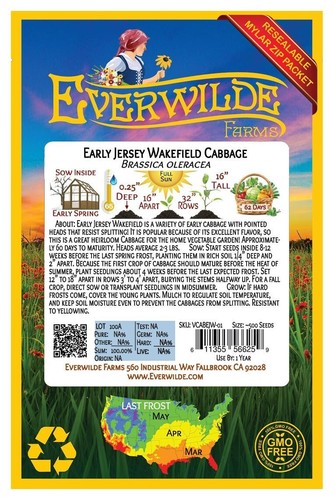 1 Oz Early Jersey Wakefield Cabbage Seeds - Everwilde Farms Mylar Seed Packet - Picture 2 of 3