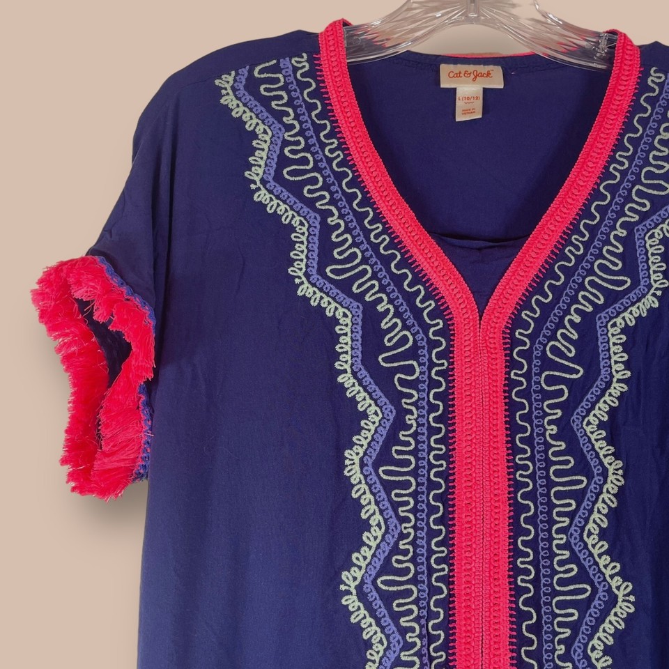 Cat & Jack Blue Embroidered Lace Fringed Short Sleeve Girl Top Sz L 10/