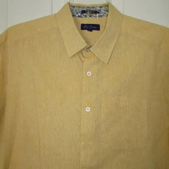 Alan Flusser Mens S/S Yellow Linen Cotton Resort Wear Casual Shirt NWOT - Large