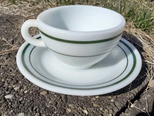 Pyrex Corning  Milk Glass Green Double Stripe Coffee 701 Cup & 796 Saucer