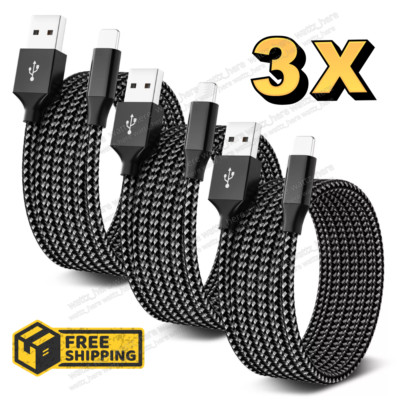 3PACK Braided  Heavy Duty USB Charger Cable For iPhone 14 12 11 XR 8 7 iPad Cord