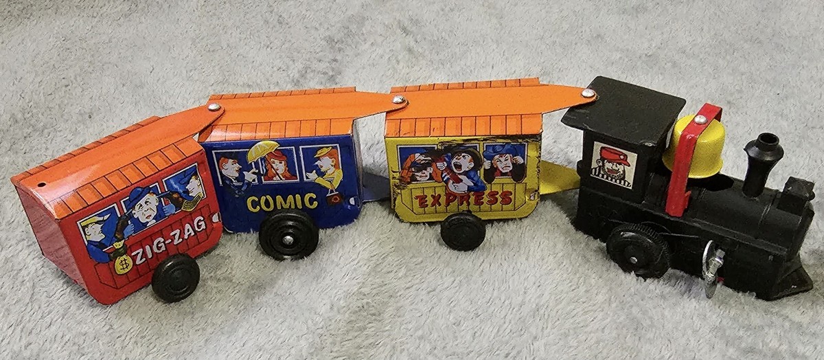 Vintage Western Comic Zig Zag Express Train Tin Wind Up Toy
