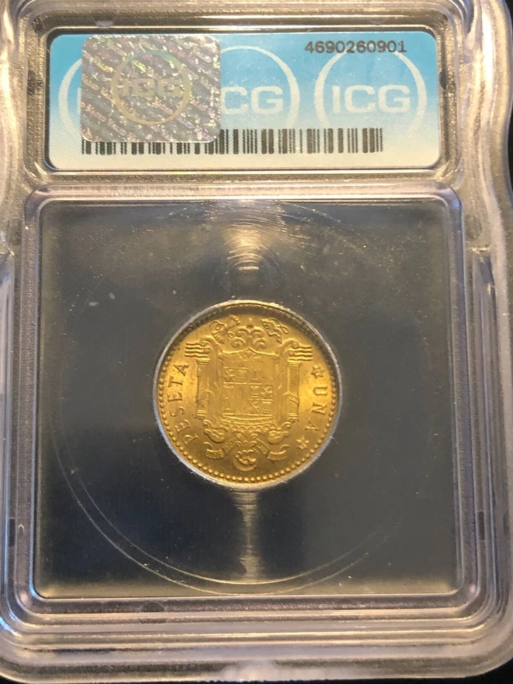 Spain 1 Peseta 1947 (54) MS65 ICG Aluminum-Bronze Coin KM #775 - Image 2 of 4