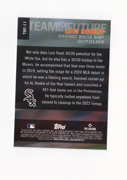 2022 Topps Stadium Club Team of the Future Luis Robert #TOF-11 Chicago White Sox - Image 2 of 2