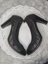 CHANEL Black Leather Cap Toe Pumps CC Logo Heels Size 37.5 /7.5 US