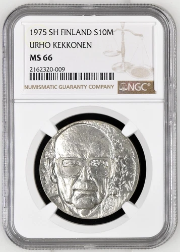 1975 SH Finland S10M Markkaa Silver Coin President Urho Kekkonen NGC MS 66