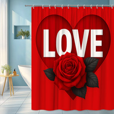 Red Shower Curtain with Love Heart and Rose Design