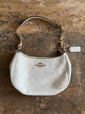 Bolso Hobo Coach Teri Firma Tiza Lona Cuero Blanco Oro Cadena Correa
