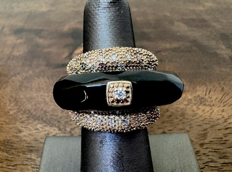 Miriam Salat Designer Sterling Silver Black Resin Sz 6 Chunky Band Ring 925 CZ