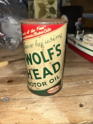VINTAGE ORIGINAL WOLF'S HEAD MOTOR OIL CAN TIN COIN BANK ANTIQUE GLOSSY NICE