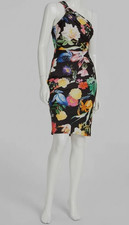 Guess Women's Black Floral Ruched One-Shoulder Cindy A-Line Dress Sz 4