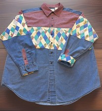 VTG Western Plains Trading Co. Southwest Diamond Cactus Color Block Shirt Men XL