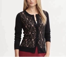 Banana Republic Women s Black Lace Ovarley Front Panel Cardigan L Button Down