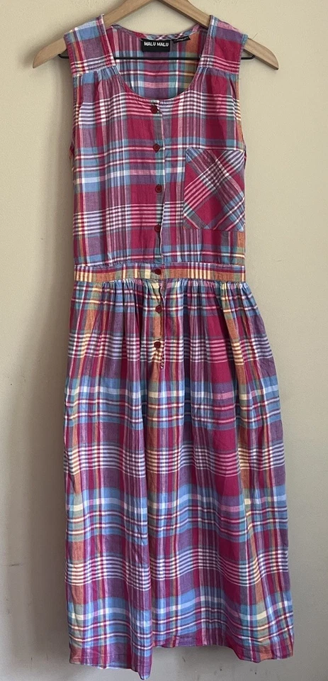 Dress Plaid Madras Vintage Sundress Fit Flare 80s 90s Womens Size Medium - Image 2 of 4