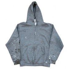 Russell Athletic Paint Splatter Full Zip Gray Hoodie Workwear Grunge Mens Medium