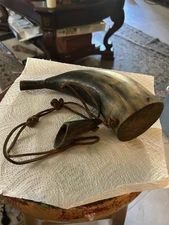 Vintage Powder Horn Flask With Wood And Leather Accents And Screw Off Top W/msr