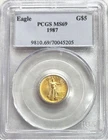 1987 GOLD $5 AMERICAN EAGLE 1/10 OZ COIN PCGS MINT STATE 69