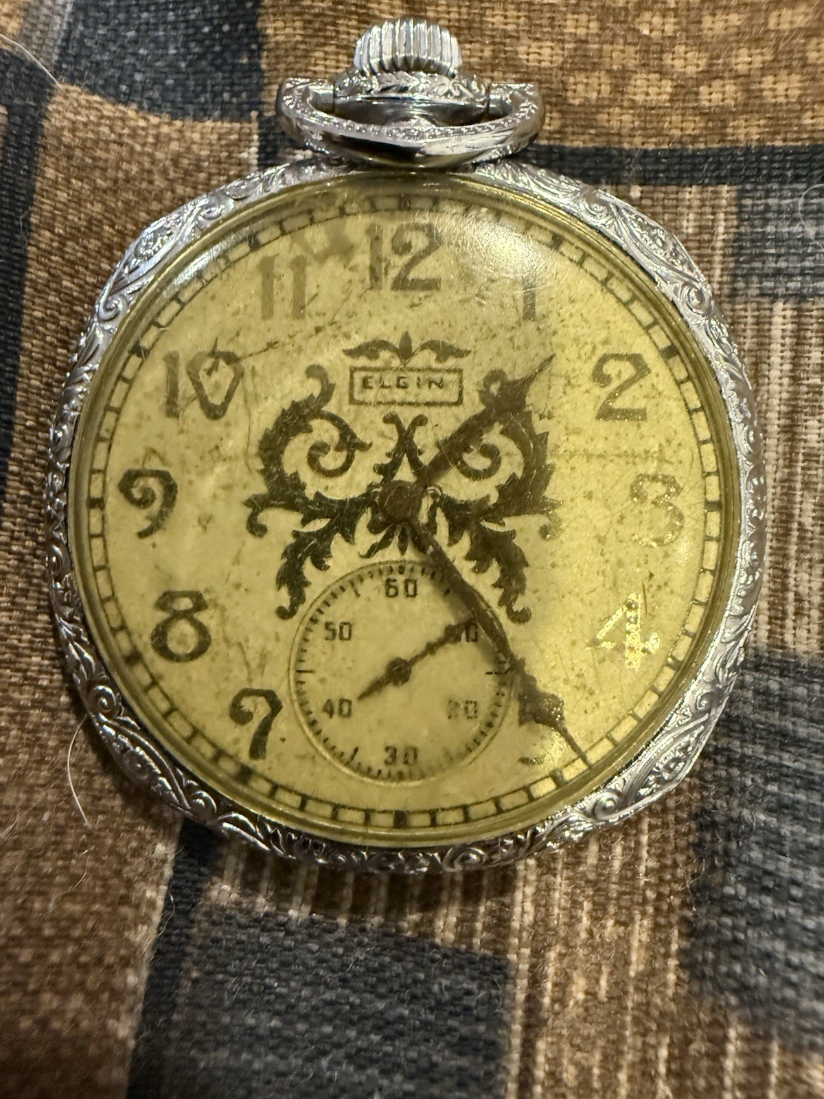 1927 Elgin Grade 345 12S 17 Jewels Cushion Case Fancy Dial Pocket Watch