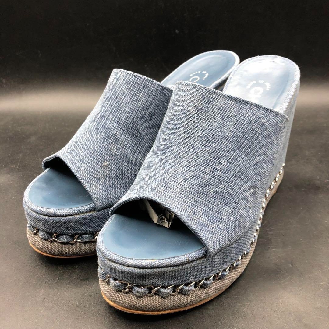 Chanel Denim Blue Wedge Sandals with Coco Mark Size 36.5 US6.5