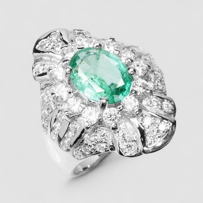 0.96Ct Neon Green Emerald 1.02Ct 925 Sterling Silver Handmade Fine Jewelry Rings