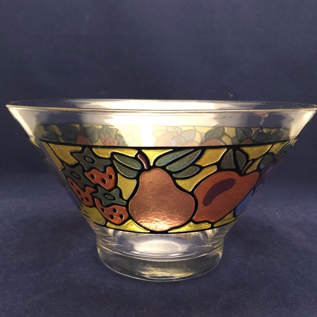 Libbey Salad Fruit Bowl Clear Glass Stained Glass Design USA Fruit