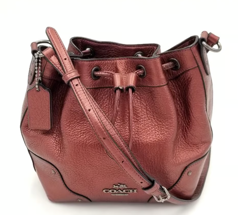 Coach Metallic Garnet Red Mickie Drawstring Crossbody Bag W/Gun