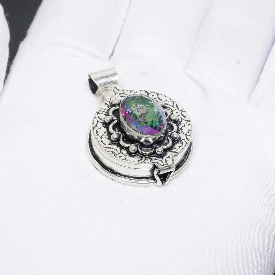 Arcobaleno Topazio Mistico Veleno Scatola Ciondolo Mano 925 Sterling Argento con - Immagine 3 di 4