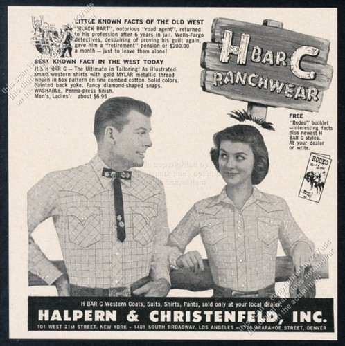 1957 H BAR C Ranchwear men's women's western shirt photo vintage print ad