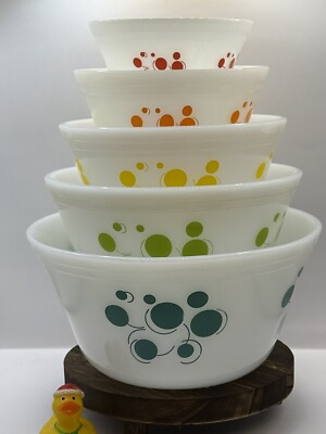 Vintage Federal Glass Mixing Bowl Set of 5 Atomic Dots Nesting Milk Glass