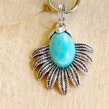 Turquoise Silver Feather Western Zipper Pull Keychain Purse Charm