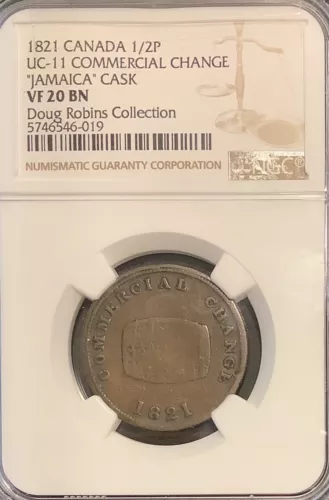 UPPER CANADA (UC-11) Jamaica on Cask Halfpenny Token Breton 729 NGC VF-20 BN