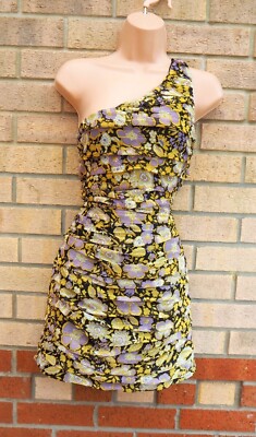 ZARA BLACK YELLOW FLORAL RUCHED CHIFFON ONE SHOULDER BODYCON PARTY