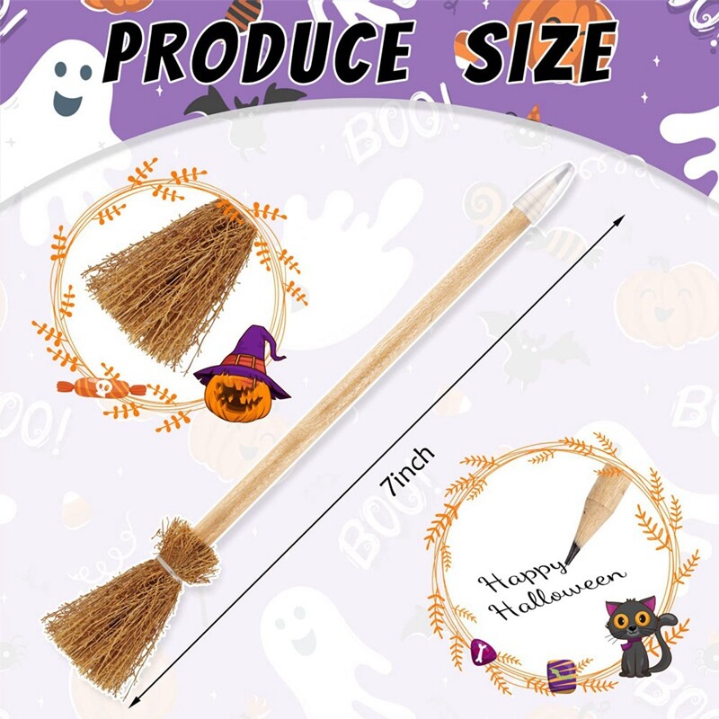 Crayons Balai De Sorcière Halloween - Lot De 6 En Bois Naturel, Pour Fêtes, Déco, Cadeaux Thématiques