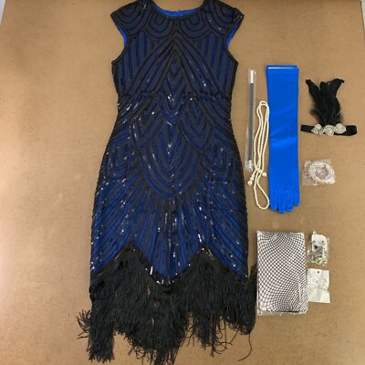 blue sequin dress accessories Women's Medium Black Fringe Flapper & 9 Pieces New school event dress 100% Organic Cotton Gauze US Size:16W True to size