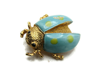 Vintage Ladybug Pin Brooch Turquoise Blue Green Polka Dot Enamel Gold Tone Bug