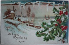 Vecchia Cartolina 1910 Vintage Auguri Di Natale Scena Di Neve Mulino Paesaggio