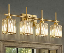 4-Light Gold Crystal Vanity Light Fixture, Clear Crystal, 27 in, Bathroom