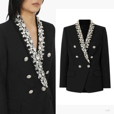 Beaded Women's Suit Crystals Jacket Double Breasted Shawl Lapel Fashion Modern