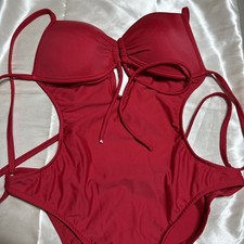 Red One Piece Swimsuit Size L Tie Back O-Ring Cutout Bathing Suit
