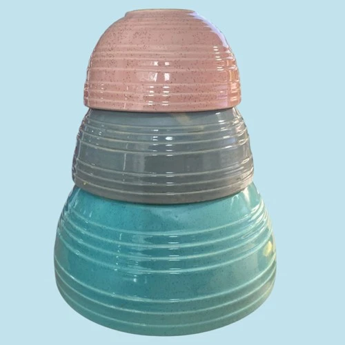 McCoy Pottery Beehive Mixing Bowls Set of 3 Pink Turquoise Blue Ribbed Nesting