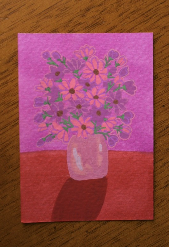 ACEO Original Painting Flower Vase Still Life Acrylic Mini Art Card 2.5x3.5 
