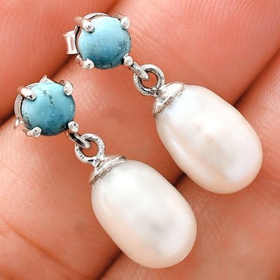 Handcrafted 925 Silver Pearl Drop Earrings with Natural Cut Gemstone AGE1018