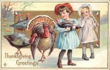 Thanksgiving Child Holds Chick Poult Turkeys c1900-20s Vintage Postcard