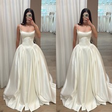 Satin Wedding Dresses Beach Spaghetti Straps A Line Sleeveless Bridal Gowns