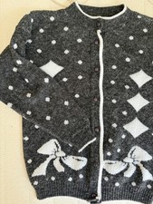 Vintage 80s/90s Charcoal Grey Bow  Diamond Knit Cardigan Sweater