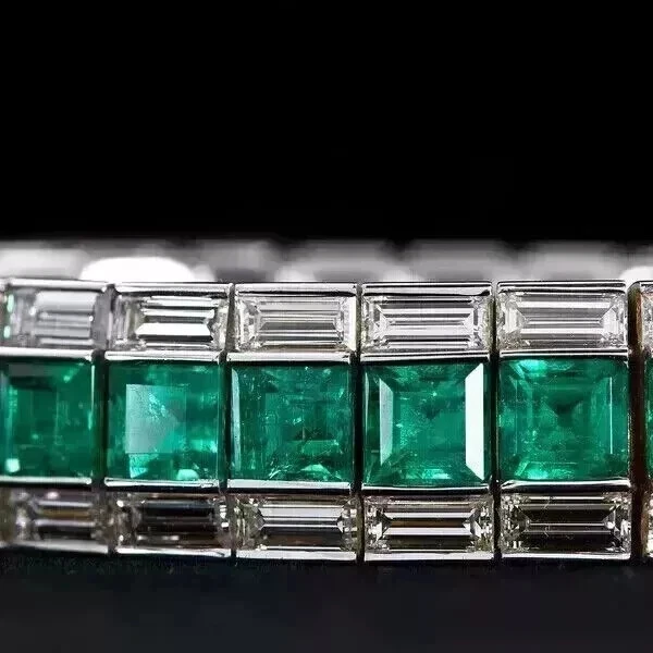 8 CT Princess Lab-Created Emerald Men's Tennis Bracelet 14K White Gold Plated - Image 2 of 4