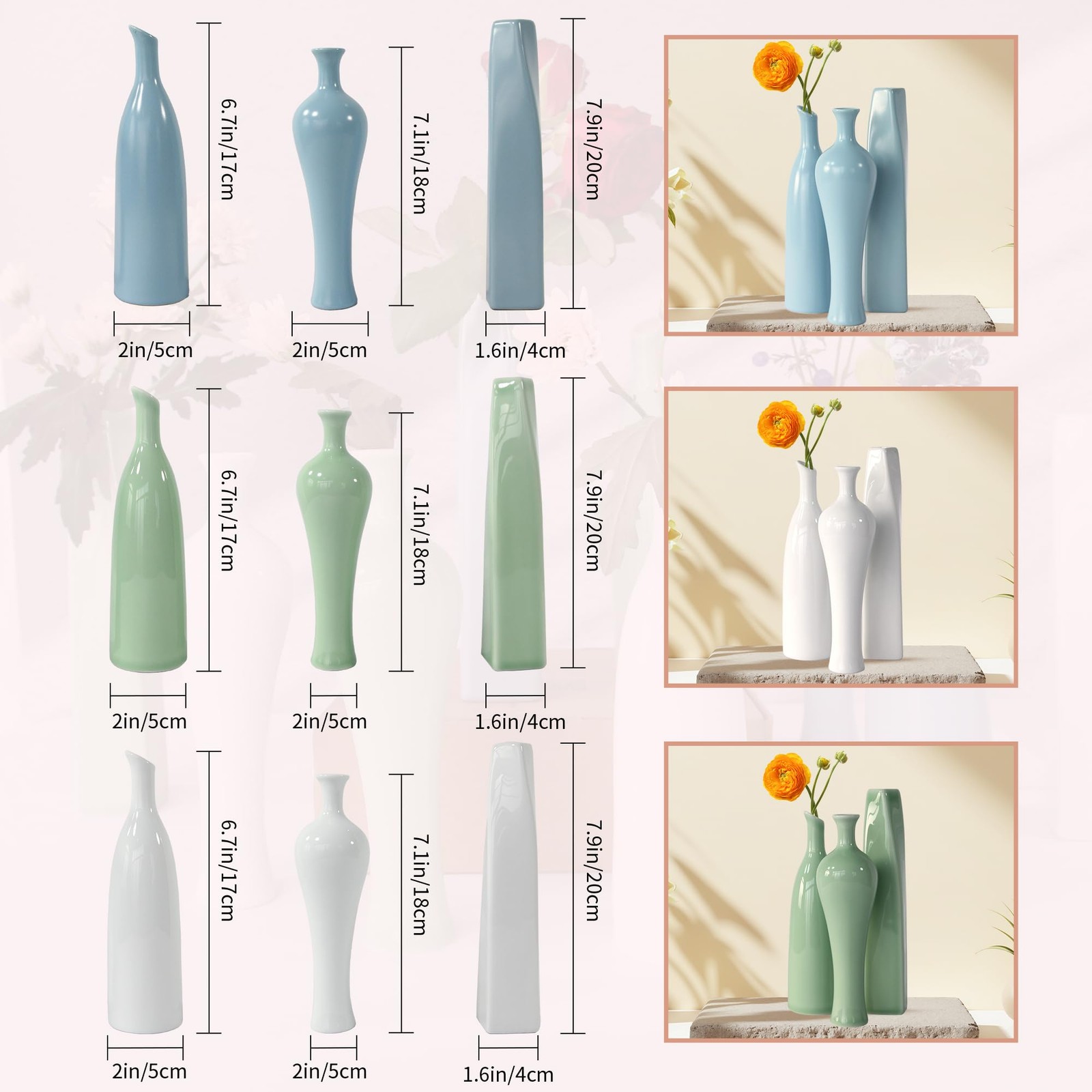 3 Pack Light Sky Blue Small Ceramic Vase Set for Home Decor, Shelf, Kitchen