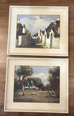Vtg Pair 2 Oil Paintings Signed V Bini Italy Puglia Alberobello Framed 12x15