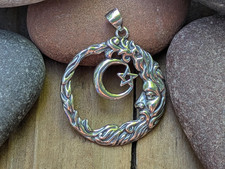 Sterling Silver Green Man Crescent Moon and Star Pendant, Celestial Charm