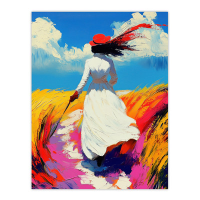 Dame geht durch windiges Weizenfeld Landschaft Wandbild Poster Druck